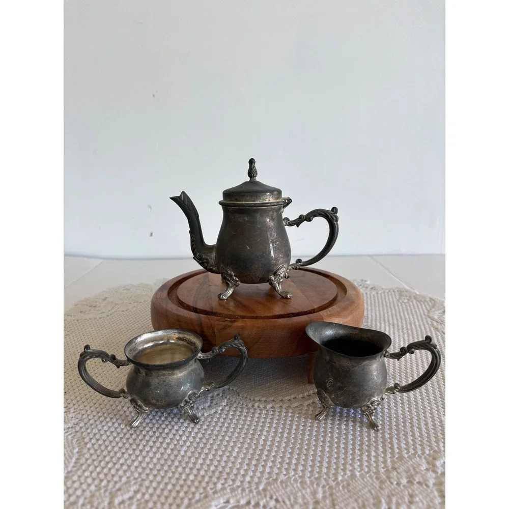 Vintage Miniature Silver Plated Tea Set Teapot Sugar Creamer 3pc Footed Ornate